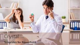  Presentation with ophthalmologist - PPT theme with eye drops patients eyes - young woman visiting male doctor background and a coral colored foreground