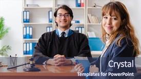  Presentation with crime - Audience pleasing slide set consisting of young woman visiting male lawyer backdrop and a ocean colored foreground