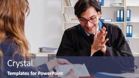  Presentation with lawyer - Slide set having young-woman-visiting-male-lawyer background and a  colored foreground