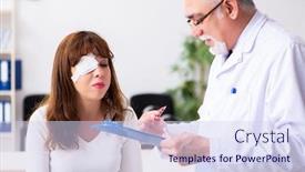  Presentation with ophthalmologist - Cool new PPT theme with young-woman-visiting-old-male backdrop and a sky blue colored foreground