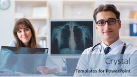  Presentation with radiologist - Amazing presentation design having young woman visiting radiologist for x-ray exam backdrop and a light blue colored foreground