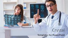  Presentation with radiologist - Amazing PPT theme having young-woman-visiting-radiologist backdrop and a light blue colored foreground