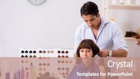  Presentation with barber - Beautiful theme featuring young woman visiting young handsome backdrop and a  colored foreground