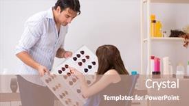  Presentation with barber - PPT theme with young woman visiting young handsome background and a coral colored foreground