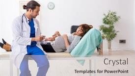  Presentation with gynecologist - Colorful presentation theme enhanced with young-woman-visting-young-male backdrop and a light gray colored foreground