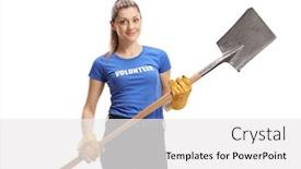  Presentation with young business woman smile show - Slide deck enhanced with young-woman-volunteer-holding background and a white colored foreground