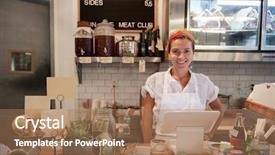  Presentation with butcher shop - Slide set featuring young woman waiting behind background and a coral colored foreground