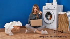  Presentation with waiting - Slide deck featuring young-woman-waiting-for-laundry background and a coral colored foreground