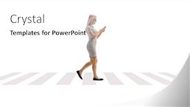  Presentation with pedestrian - Presentation theme consisting of young-woman-walking-and-using background and a white colored foreground