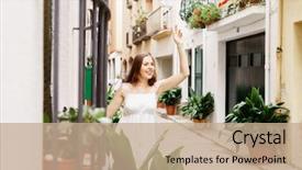  Presentation with walking - Slide set enhanced with young woman walking around town background and a  colored foreground