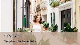  Presentation with annual day around the world - Theme with young woman walking around town background and a  colored foreground