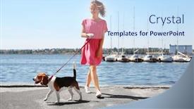  Presentation with walking - Theme having young-woman-walking-dog background and a sky blue colored foreground