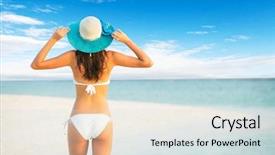  Presentation with tropical - Audience pleasing presentation theme consisting of young-woman-walking-on-tropical backdrop and a sky blue colored foreground