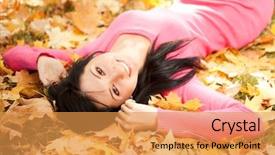  Presentation with fall foliage - Presentation design with young woman walking in the autumn park beauty nature scene with colorful foliage background yellow trees and leaves at fall season autumn outdoor lifestyle happy smiling woman relax on fall leaves background and a yellow colored foreground