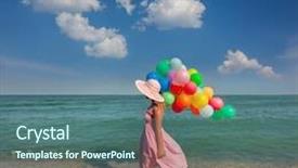  Presentation with relaxation - Amazing slide set having young woman walking on the beach with colored balloons summer relaxation backdrop and a ocean colored foreground