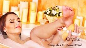  Presentation with wash - Presentation theme consisting of young woman wash leg in bathtube background and a coral colored foreground