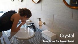  Presentation with water tap - Presentation theme featuring young woman washing her mouth background and a dark gray colored foreground