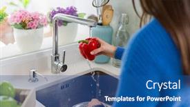  Presentation with fruit water - Slide set enhanced with young woman washing vegetables and fruit using water from sink background and a ocean colored foreground