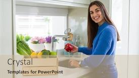  Presentation with fruit water - Presentation design featuring young woman washing vegetables and fruit using water from sink background and a soft green colored foreground