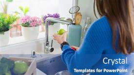  Presentation with fruit water - PPT layouts having young woman washing vegetables and fruit using water from sink background and a ocean colored foreground