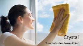  Presentation with window frame - Slide set with young woman washing windows background and a coral colored foreground