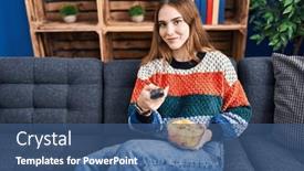  Presentation with movie - Presentation theme enhanced with young-woman-watching-movie-sitting background and a  colored foreground