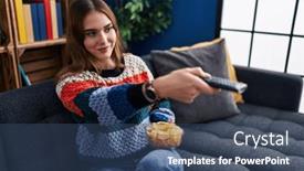  Presentation with marvel movie - Presentation theme having young-woman-watching-movie-sitting background and a ocean colored foreground