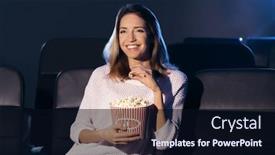  Presentation with cinema - PPT theme with young woman watching movie in cinema background and a wine colored foreground