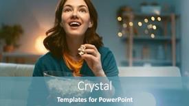  Presentation with movies - PPT theme featuring young-woman-watching-projector-tv background and a teal colored foreground