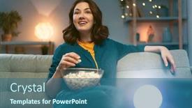  Presentation with movies - Presentation theme with young-woman-watching-projector-tv background and a ocean colored foreground