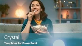  Presentation with projector - PPT theme featuring young-woman-watching-projector-tv background and a teal colored foreground