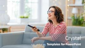  Presentation with movies - Beautiful slide deck featuring young-woman-watching-tv-movies backdrop and a ocean colored foreground