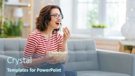  Presentation with movies - Colorful PPT theme enhanced with young-woman-watching-tv-movies backdrop and a ocean colored foreground