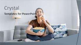  Presentation with movies - PPT layouts having young-woman-watching-tv-movies background and a sky blue colored foreground