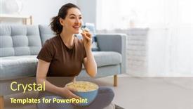  Presentation with movies - Presentation design featuring young-woman-watching-tv-movies background and a tawny brown colored foreground