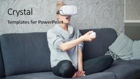  Presentation with innovation - Slide set consisting of young woman watching videos background and a light gray colored foreground