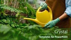  Presentation with garden tools - Theme featuring young-woman-watering-flower-plants background and a forest green colored foreground