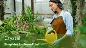  Presentation with garden tools - PPT theme featuring young-woman-watering-flower-plants background and a forest green colored foreground