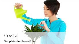  Presentation with plants - Slides with young woman watering plants isolated background and a white colored foreground