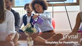  Presentation with money tree - Presentation theme enhanced with young-woman-watering-the-tree background and a tawny brown colored foreground