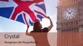  Presentation with flag - PPT theme consisting of young woman waving uk flag background and a red colored foreground