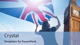  Presentation with brexit - Slide deck with young woman waving uk flag background and a light blue colored foreground