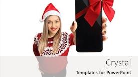  Presentation with gift ribbon - Beautiful theme featuring young woman wearing a christmas hat showing a phone wrapped with red ribbon as a gift isolated on white background backdrop and a white colored foreground