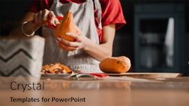  Presentation with sweet potato - Presentation design featuring young-woman-wearing-apron-peeling background and a coral colored foreground