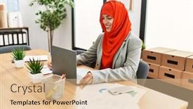  Presentation with arabic woman - Presentation theme featuring young-woman-wearing-arabic-scarf background and a lemonade colored foreground
