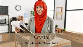  Presentation with arabic woman - Presentation theme with young-woman-wearing-arabic-scarf background and a coral colored foreground
