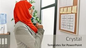  Presentation with arabic woman - Slide set enhanced with young-woman-wearing-arabic-scarf background and a light gray colored foreground