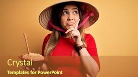  Presentation with noodles - Cool new presentation theme with young-woman-wearing-asian-hat backdrop and a red colored foreground