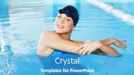  Presentation with swimming pool - Presentation theme consisting of young woman wearing blue swimming suit and cap in swimming pool background and a teal colored foreground