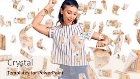  Presentation with listening woman - Cool new PPT theme with young-woman-wearing-casual-clothes backdrop and a lemonade colored foreground